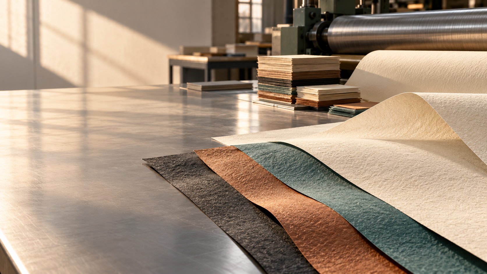 Illustrative material inspection scene with textured specialty paper sheets