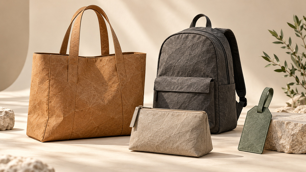 Washable material paper shown on bags, tags and cover applications