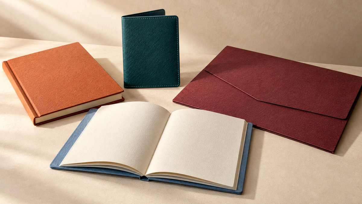 Material paper shown on notebooks, presentation boxes and cover applications