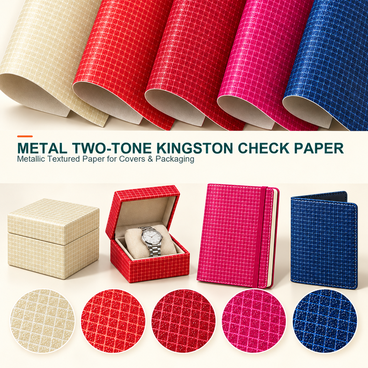 Kingston check paper with finer texture on illustrative boxes and covers