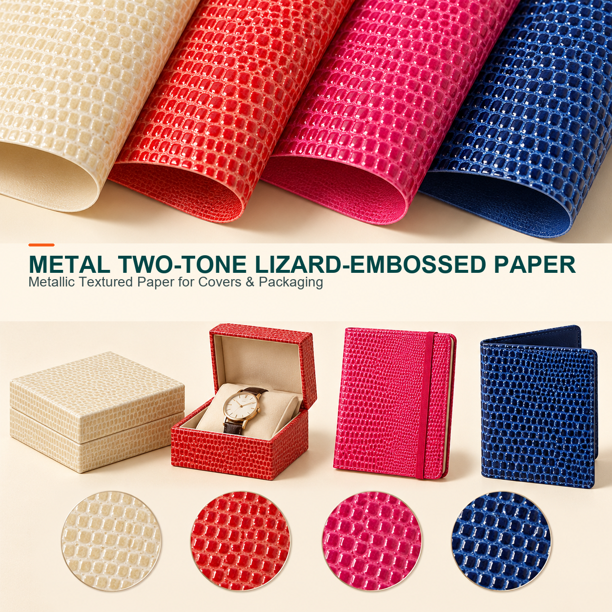 Metal two-tone lizard-embossed leatherette paper